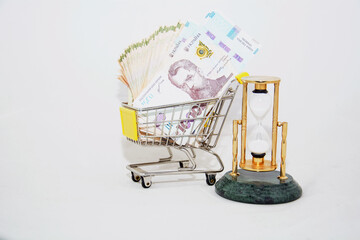 Dollars and shackles with drugs on a beautiful background close-up