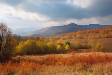 Fototapeta premium autumn landscape with fields of colorful foliage and distant mountains, created with generative ai