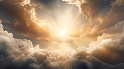 Celestial clouds with sun beams to represent Christian religion - obrazy, fototapety, plakaty