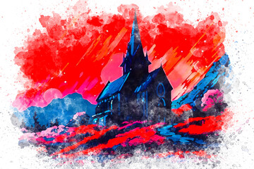 Colorful watercolor prayer chateau, church on white background
