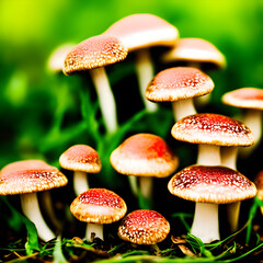 Obraz premium Close up view of psychedelic mushrooms. (AI-generated fictional illustration)