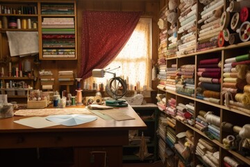 Naklejka na ściany i meble a sewing room with a variety of fabrics, needles, and thread on display, created with generative ai