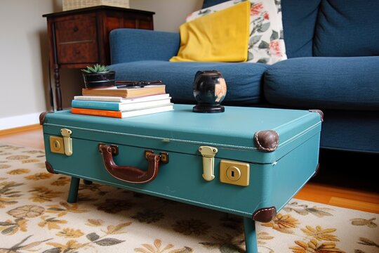upcycled vintage suitcase into coffee table or storage unit, created with generative ai
