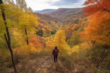 Obraz premium person, trekking through autumn forest, with views of the surrounding landscape visible, created with generative ai