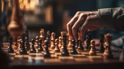 Close-up of a man playing chess on a wooden board. Generate AI.