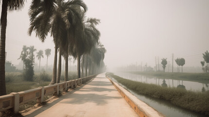Road going next to a body of water and palm trees. Generative AI