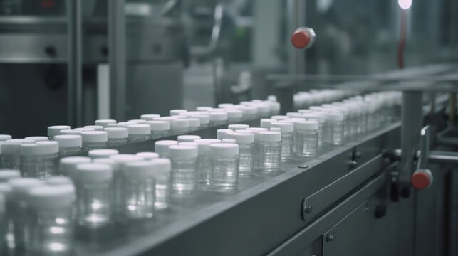 Production line of the pharmaceutical industry. Modern automated production line. Industrial background. Generate AI.