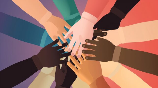 Multiethnic group of people joining their hands together. Vector illustration. Generate AI.