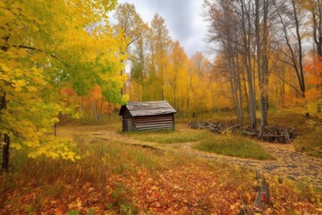 autumn forest, with colorful foliage and a rustic cabin in the background, created with generative ai