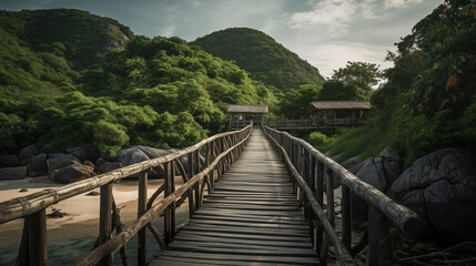 Fototapeta na wymiar Old wooden bridge at tropical sea. Generative AI
