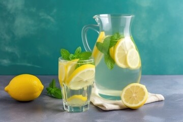 refreshing summer lemonade with sliced lemons and mint on striped background, created with generative ai