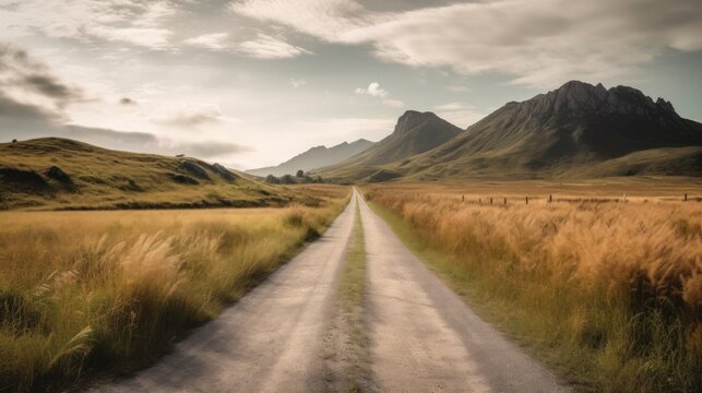 Panoramic view of a dirt road through grassland in New Zealand. Generate AI.