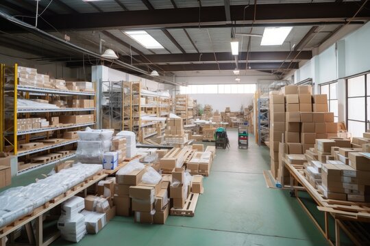 sustainable packaging factory, with rows of eco-friendly products being packaged for shipment, created with generative ai