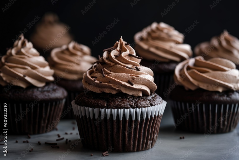 Poster stack of rich chocolate cupcakes, with swirls of creamy frosting, created with generative ai