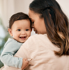 Love, portrait and mother with baby, happy and smile during child development routine in their home together. Family, face and mom with girl toddler in living room having fun, embrace and loving