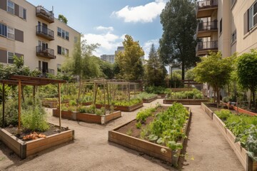community garden with beds of fresh herbs, vegetables, and fruits, created with generative ai