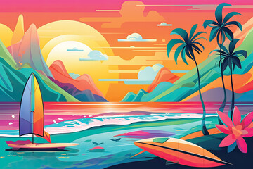 Illustration of a beach with an umbrella and surfboards at sunset