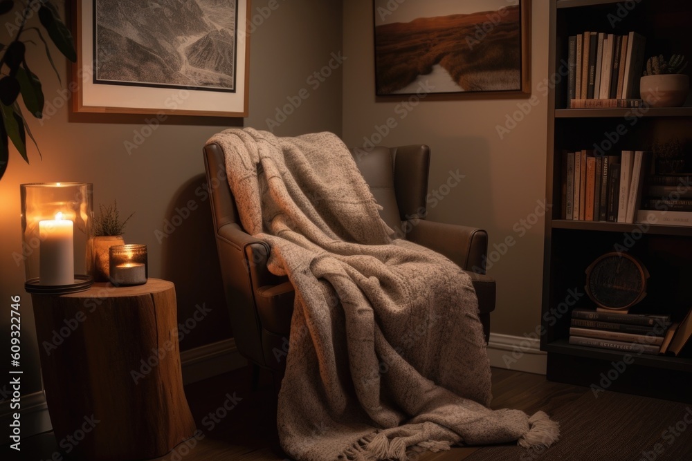 Sticker cozy reading nook with cozy armchair and warm blanket for curling up on chilly days, created with generative ai