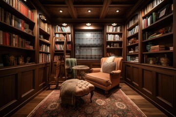 cozy reading nook with floor-to-ceiling bookshelves, plush armchair, and warm cup of tea, created with generative ai