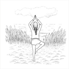 Yoga girl, young women in  pants on the beach. Happy holiday. Stock illustration. Hand painted, line art.