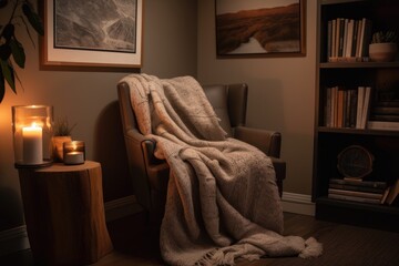 cozy reading nook with cozy armchair and warm blanket for curling up on chilly days, created with generative ai