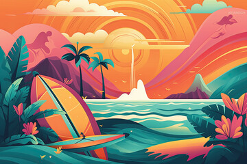 Illustration of a beach with an umbrella and surfboards at sunset