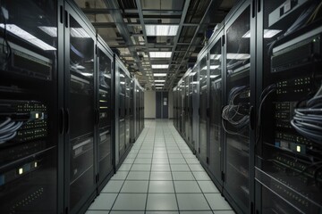 Naklejka premium data center, with rows of servers and cables visible, and view of the surrounding area, created with generative ai