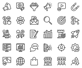 set of 30 digital marketing line icons. feedback, optimization, seo, analytics, pay, target, click, email, promotion, search, content, management, research, strategy, chart, marketing, website, advert