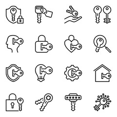 key line icons set. privacy, private, secure, housing, safe, key, security, outline, safety, open, protection, graphic, password, simple, unlock, access