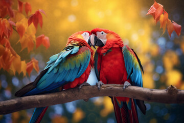 Zwei Papageien (Aras) sitzen auf einem Ast