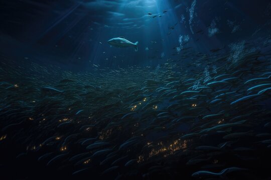 deep-sea creature swimming past a school of fish, with bioluminescent trails shining in the water, created with generative ai