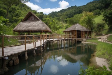 Fototapeta na wymiar eco-friendly resort, with stunning views and natural swimming pool, created with generative ai