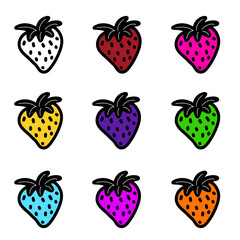 A collection of colored strawberry icons in an abstract style. June strawberry vector. Hand-drawn design. A scribble sketch. Vector illustration.