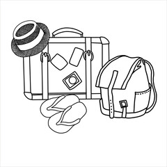 Travel set with straw hat, suitcase, backpack, flip-flops. Stock
 illustration. Isolated element. Hand painted, line art.