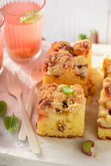 Tasty and fresh rhubarb yeast cake served as summer dessert.