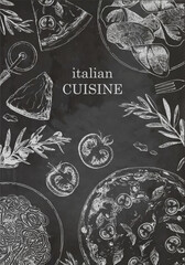 Traditional Italian cuisine. Hand-drawn illustration of Italian traditional dishes and products. Ink. Vector
