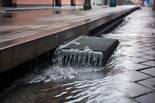 downpipe with rainwater flowing into storm drain in the city, created with generative ai