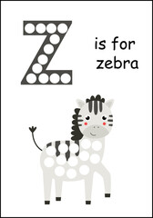 Learning English alphabet for kids. Letter Z. Dot marker activity.