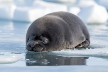 seal pup napping on ice with its flippers and whiskers splayed out, created with generative ai