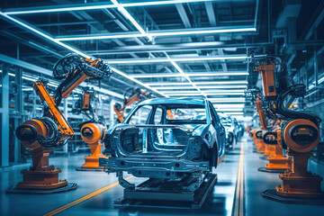 Automated Robot Arm Assembly Line in Car Factory Producing Electric Vehicles. created with Generative AI