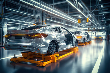 Obraz premium Automated Robot Arm Assembly Line in Car Factory Producing Electric Vehicles. created with Generative AI
