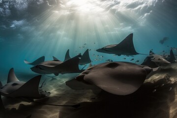 school of rays swimming together in the depths of the ocean, created with generative ai