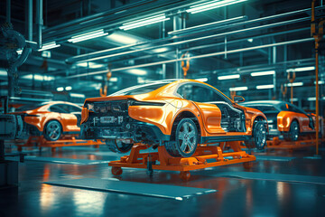 Automated Robot Arm Assembly Line in Car Factory Producing Electric Vehicles. created with Generative AI