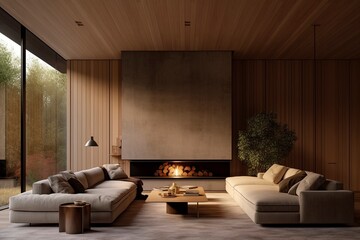 Modern wooden living room with fireplace, created with generative AI