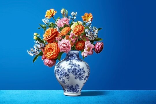 Flower vase on blue background, created with generative AI