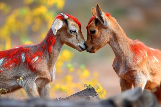 picture of two tiny goats playfully head-butting each other in bright and colorful setting, created with generative ai