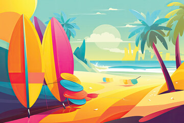 Illustration of a beach with an umbrella and surfboards at sunset