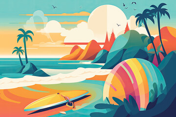 Illustration of a beach with an umbrella and surfboards at sunset