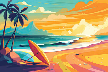 Illustration of a beach with an umbrella and surfboards at sunset