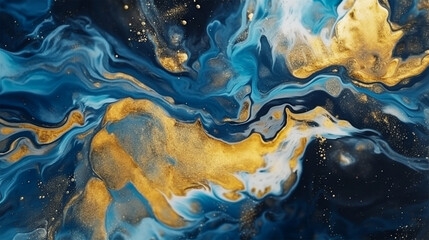 Abstract paint marble background with fluid liquid texture. Dark blue, white, and gold color. Luxury and modern concept. Generative Ai.